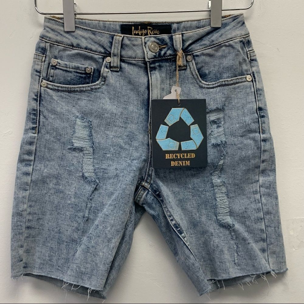Indigo Rein Recycled Juniors Acid Wash Distressed Denim Bermuda Shorts, Sz 1/24